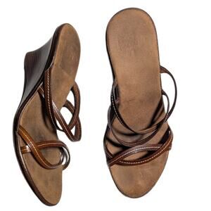 Vtg 1990s Brown Leather Strappy Open Back Wedge Slide Sandals EU 37 US 6.5